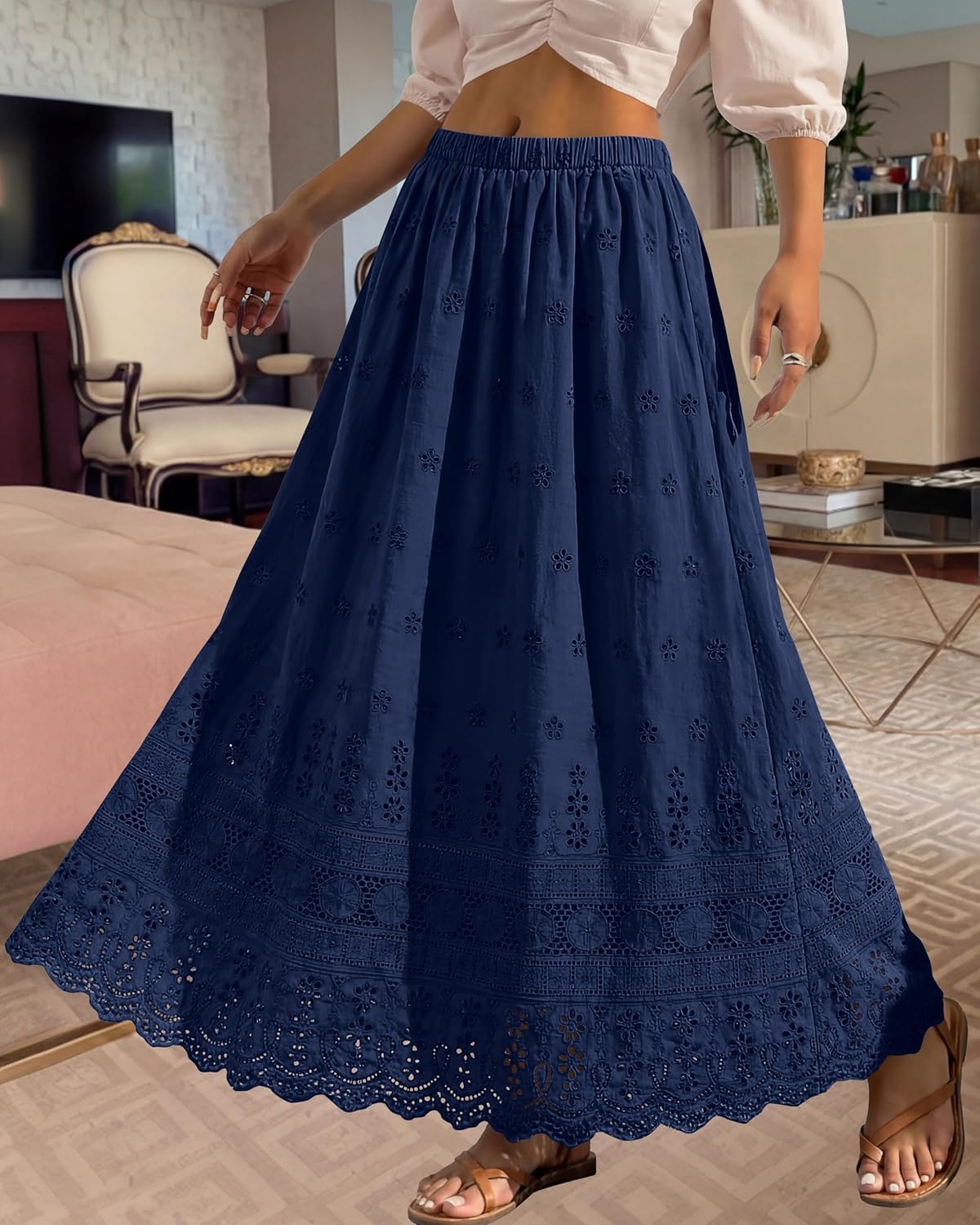 Marie Dowerme Women's Maxi Skirt – High Waist Elastic, Bohemian Embroidered Cotton A-Line