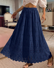Marie Dowerme Women's Maxi Skirt – High Waist Elastic, Bohemian Embroidered Cotton A-Line