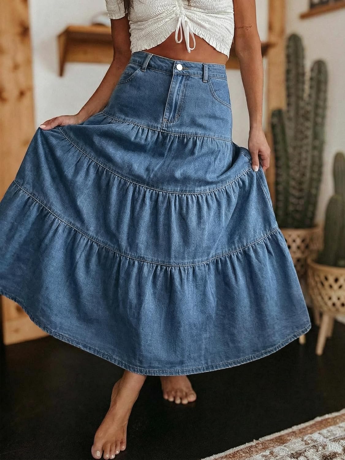 Verna Women's Jean Skirt – High Waist Maxi Denim Skirt, Ruffles & Pockets