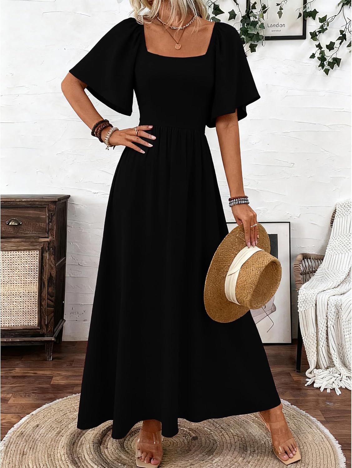Patricia Women's Maxi Dress – Square Neck, Flowing A-Line Cut, Summer Batwing Sleeves