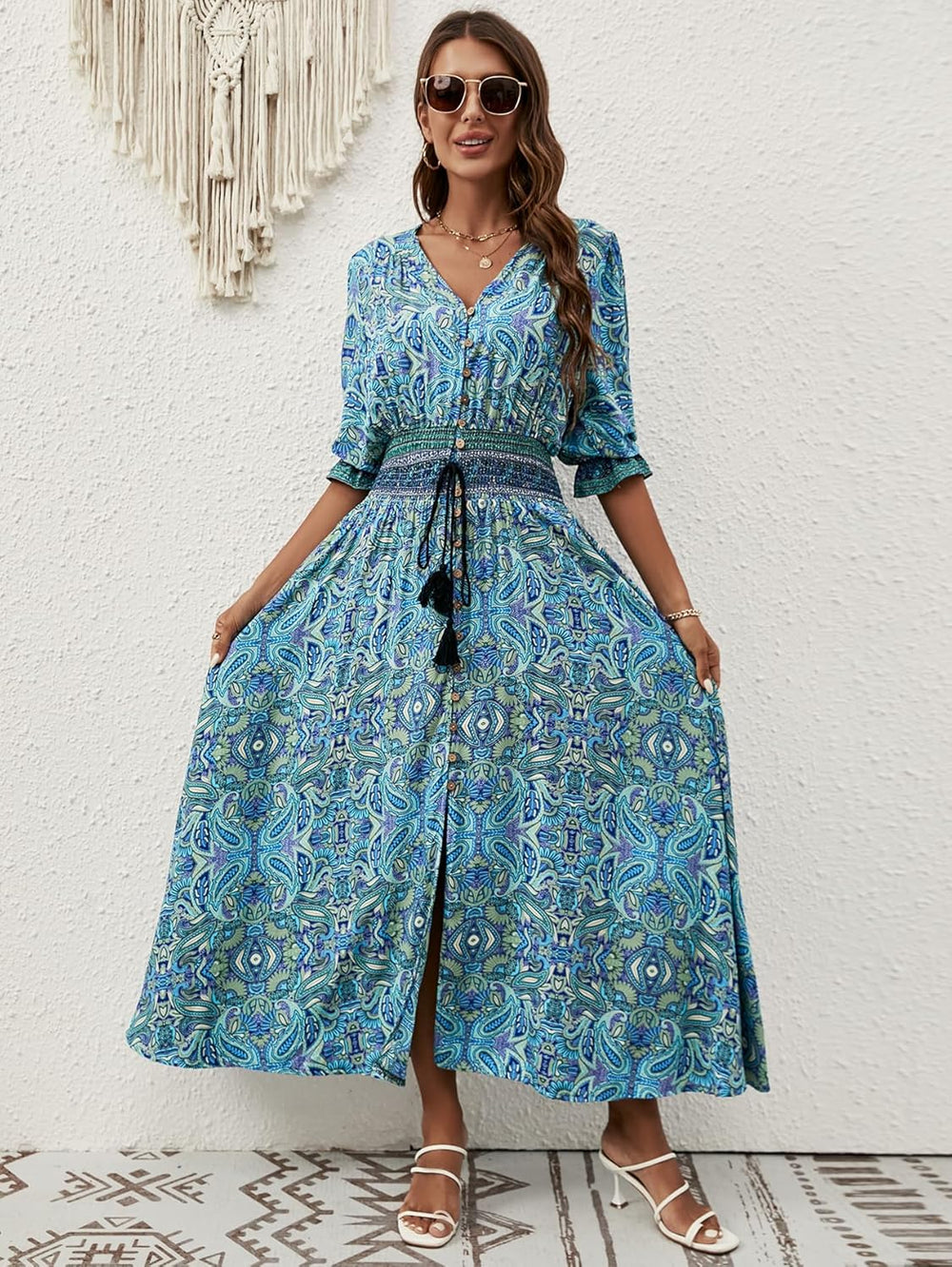 Liezl Women's Bohemian Floral Dress – V-Neck Wrap, Flowing Midi, 3/4 Sleeves