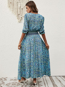 Liezl Women's Bohemian Floral Dress – V-Neck Wrap, Flowing Midi, 3/4 Sleeves