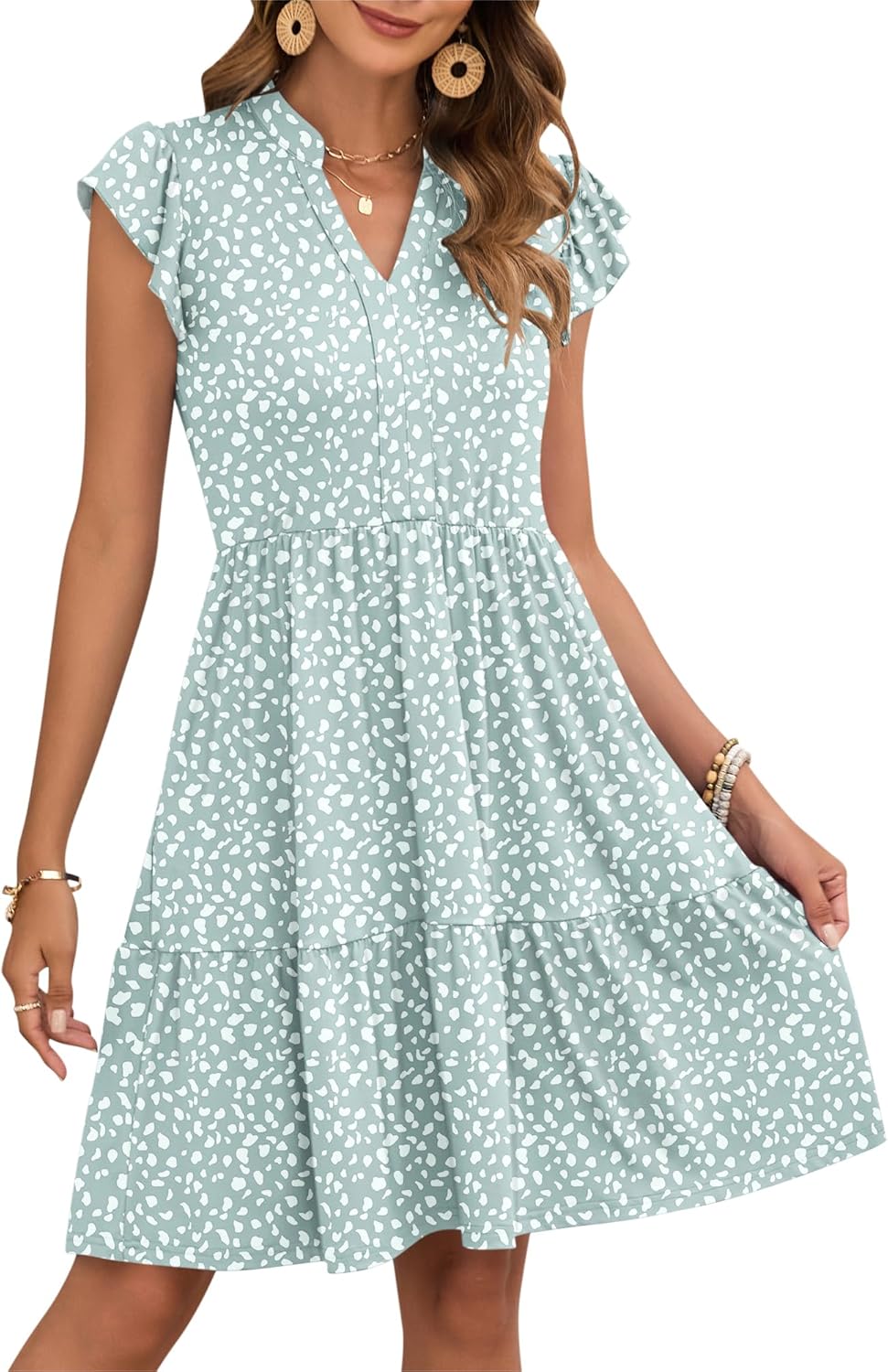 Aida Short Summer Dress for Women – V-Neck Dress with Ruffle Sleeves, Elastic Waist & Pockets