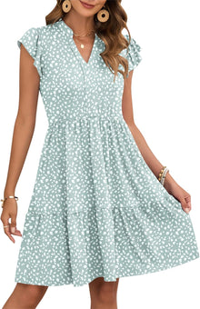 Aida Short Summer Dress for Women – V-Neck Dress with Ruffle Sleeves, Elastic Waist & Pockets