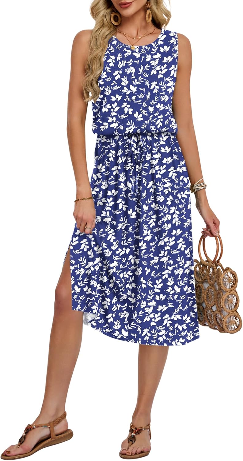 Léa Women's Dress – Sleeveless Midi Dress with Round Neck, Slit, Pockets, Adjustable Waist, Summer