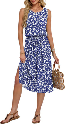 Léa Women's Dress – Sleeveless Midi Dress with Round Neck, Slit, Pockets, Adjustable Waist, Summer