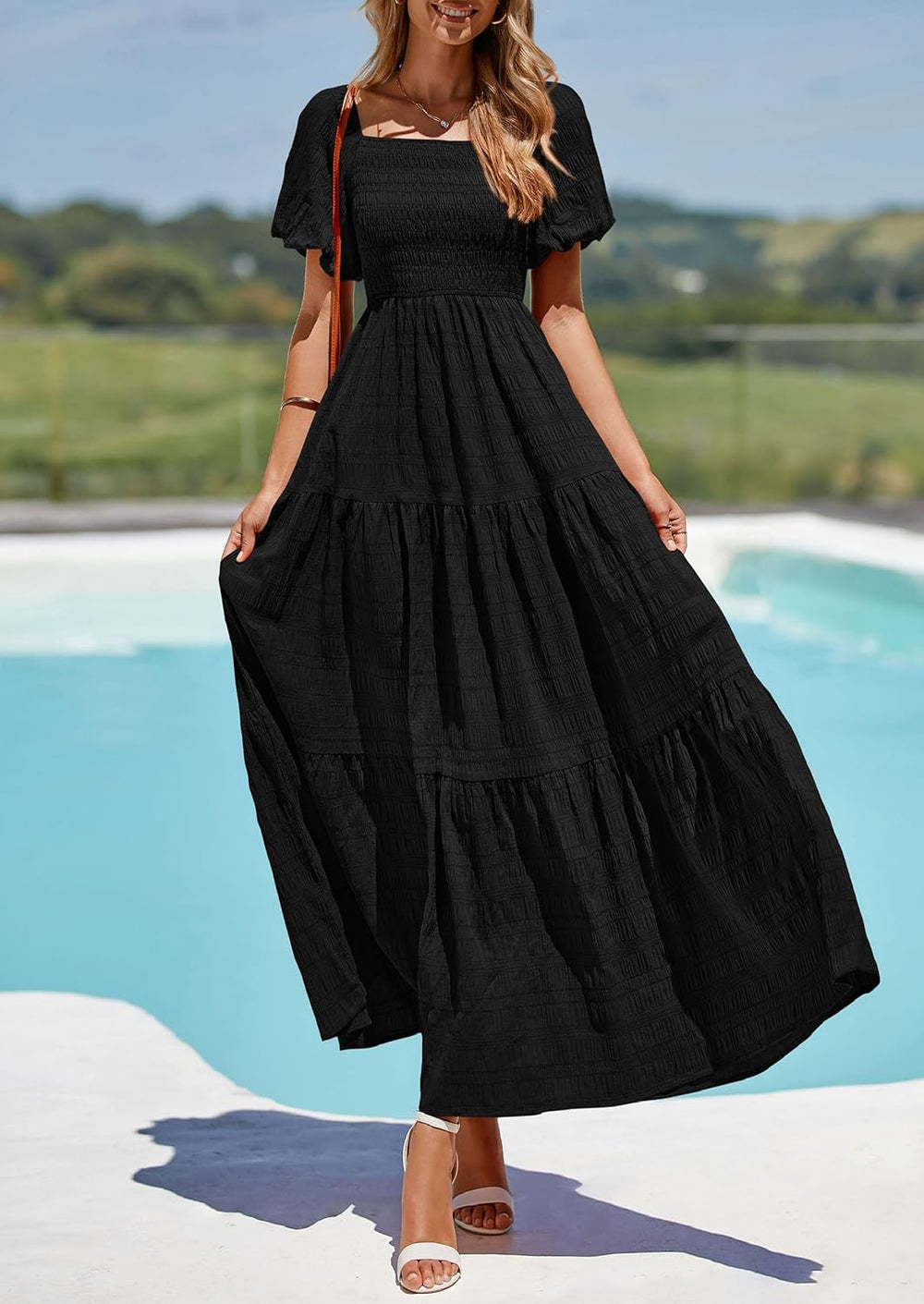 Reese Maxi Dress for Women Summer – Square Neck Smocked Dress, Puff Sleeves & Flowing Ruffles