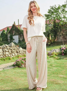 Arlyn Women's Pants – Wide Striped Palazzo with Elastic Waist & Pockets
