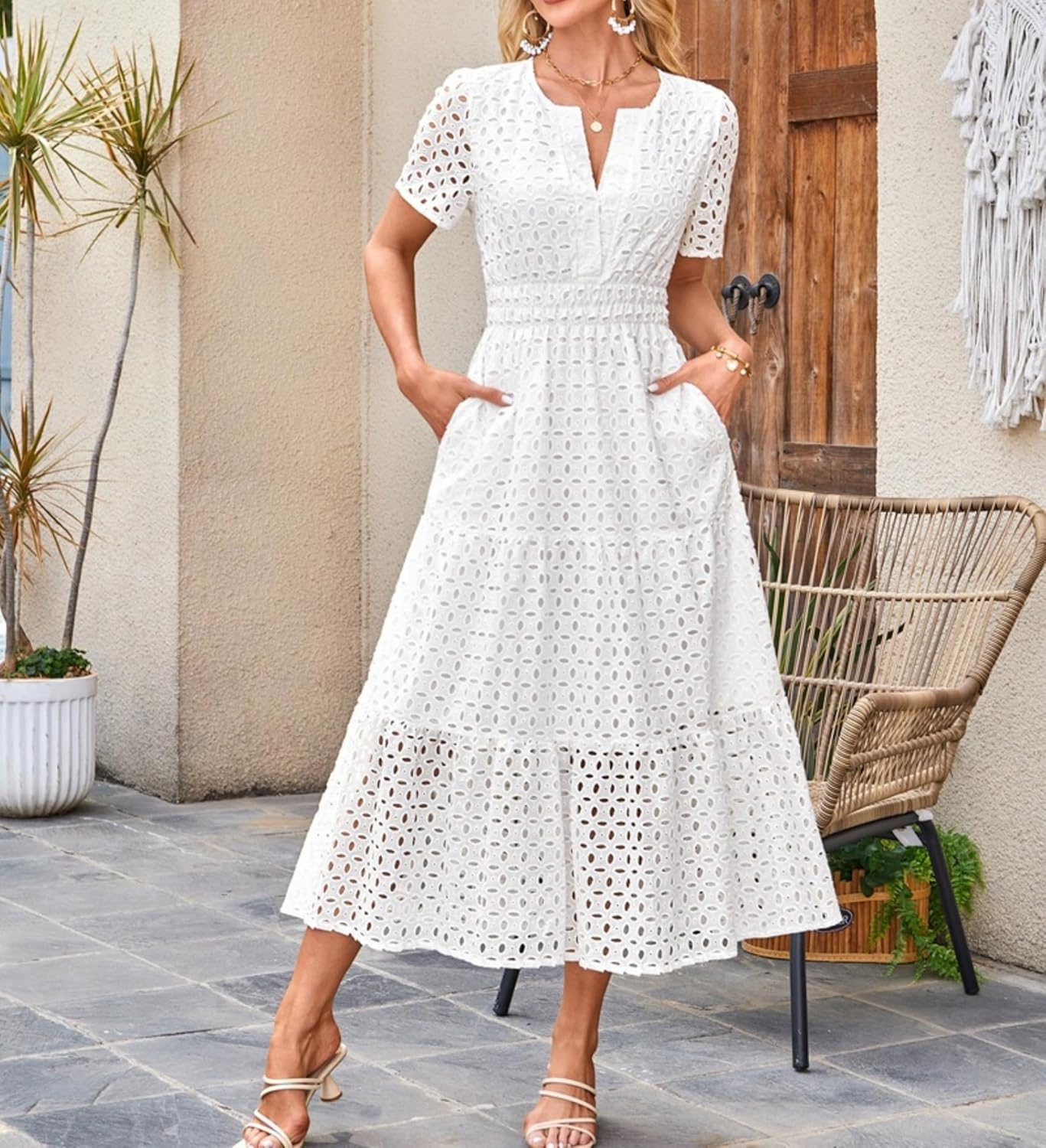 Clara Women's Dress – Maxi Dress with English Embroidery, V-Neck, High Waist, Bohemian Summer