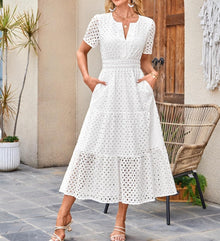 Clara Women's Dress – Maxi Dress with English Embroidery, V-Neck, High Waist, Bohemian Summer
