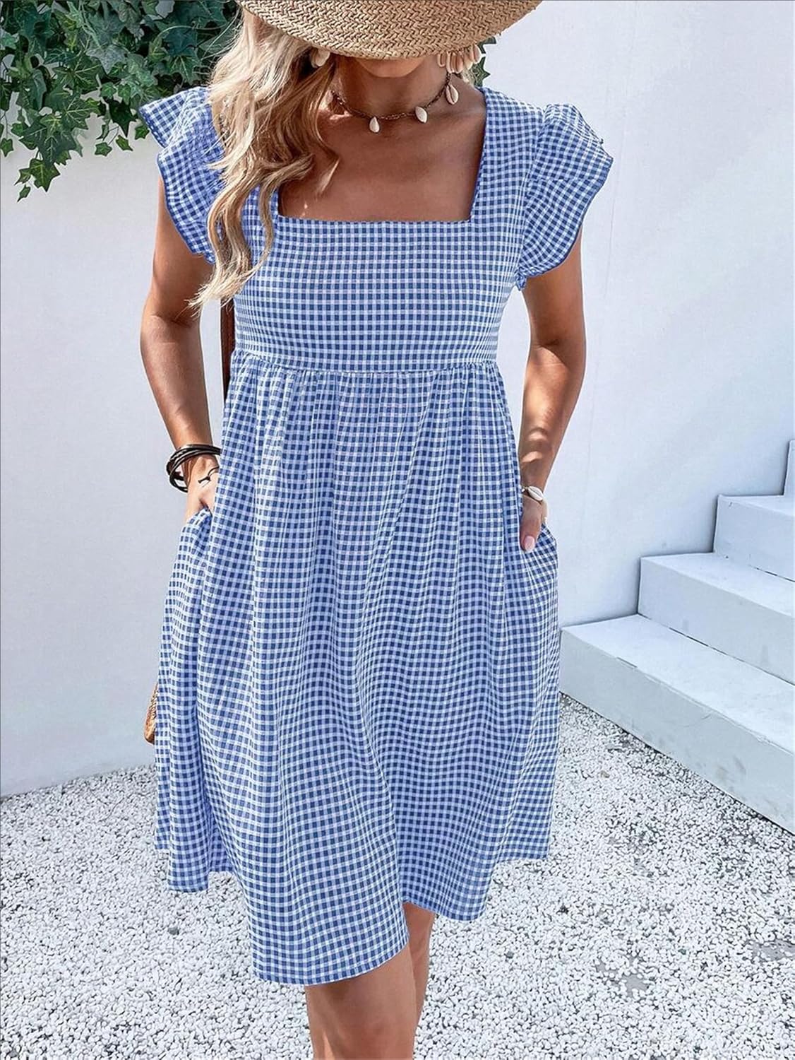 Lily Women's Robe – Midi Plaid Dress with Square Neck, Smocked, Ruffles, A-Line Summer Dress