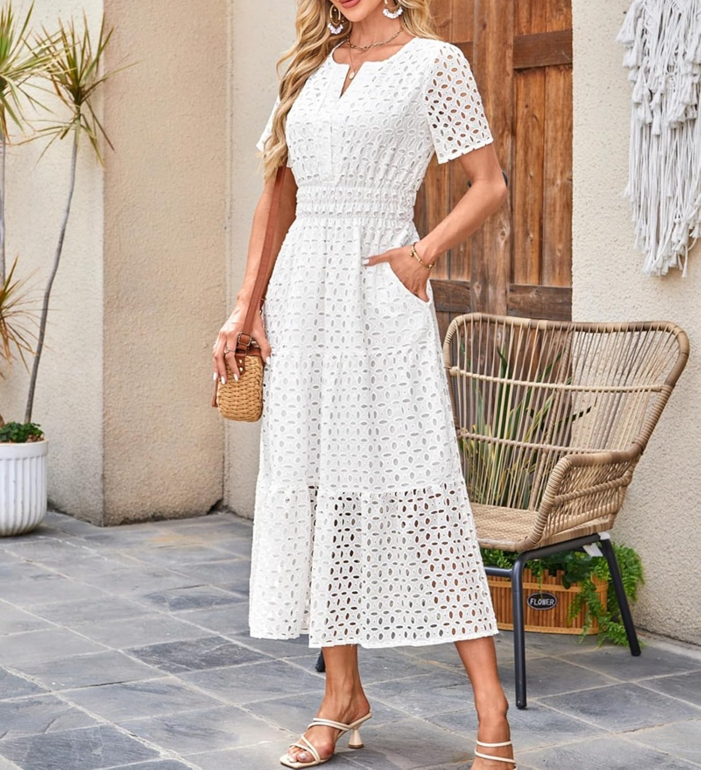Clara Women's Dress – Maxi Dress with English Embroidery, V-Neck, High Waist, Bohemian Summer