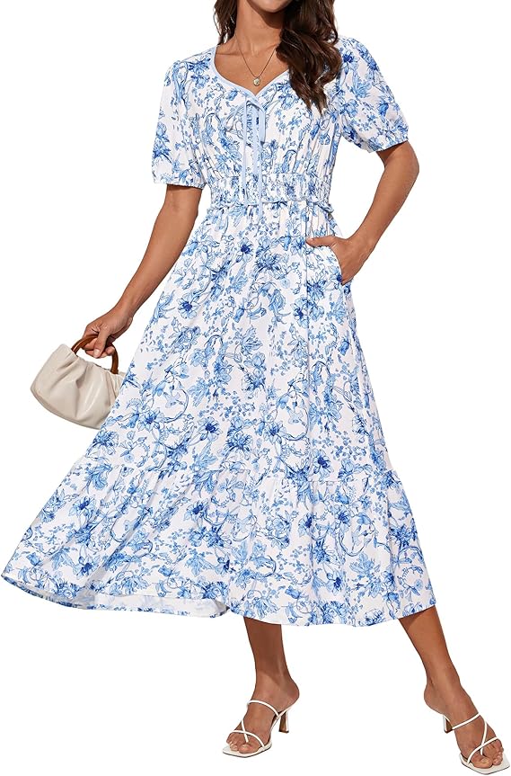 Tasha Midi Dress for Women – V-Neck, Smocked Waist & Elegant A-Line Summer Cut