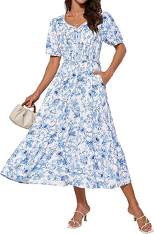 Tasha Midi Dress for Women – V-Neck, Smocked Waist & Elegant A-Line Summer Cut