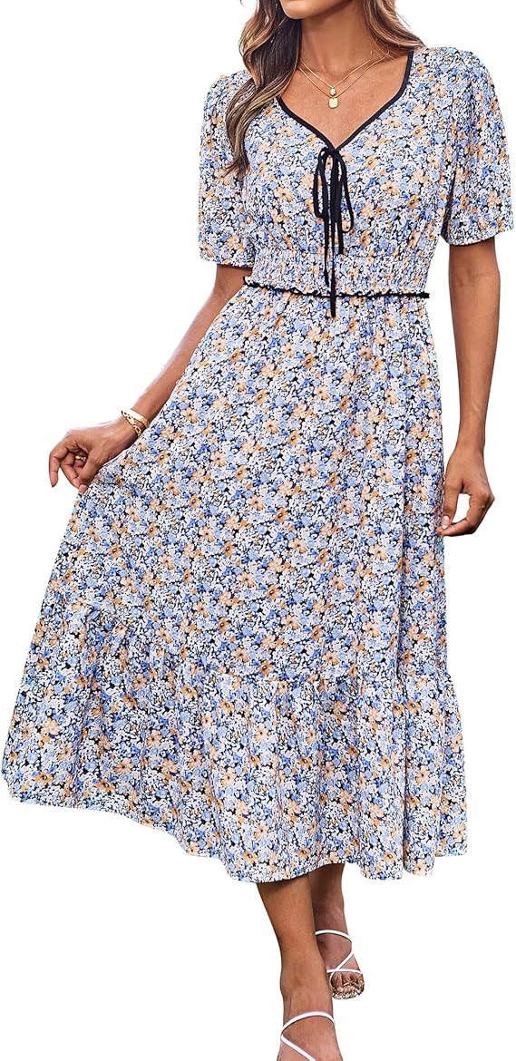 Tasha Midi Dress for Women – V-Neck, Smocked Waist & Elegant A-Line Summer Cut