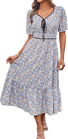 Tasha Midi Dress for Women – V-Neck, Smocked Waist & Elegant A-Line Summer Cut