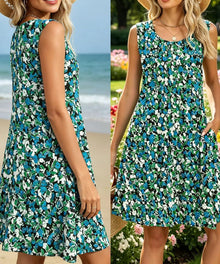 Élise Women's Midi Dress – Sleeveless Floral Dress with Round Neck and Pockets for Summer
