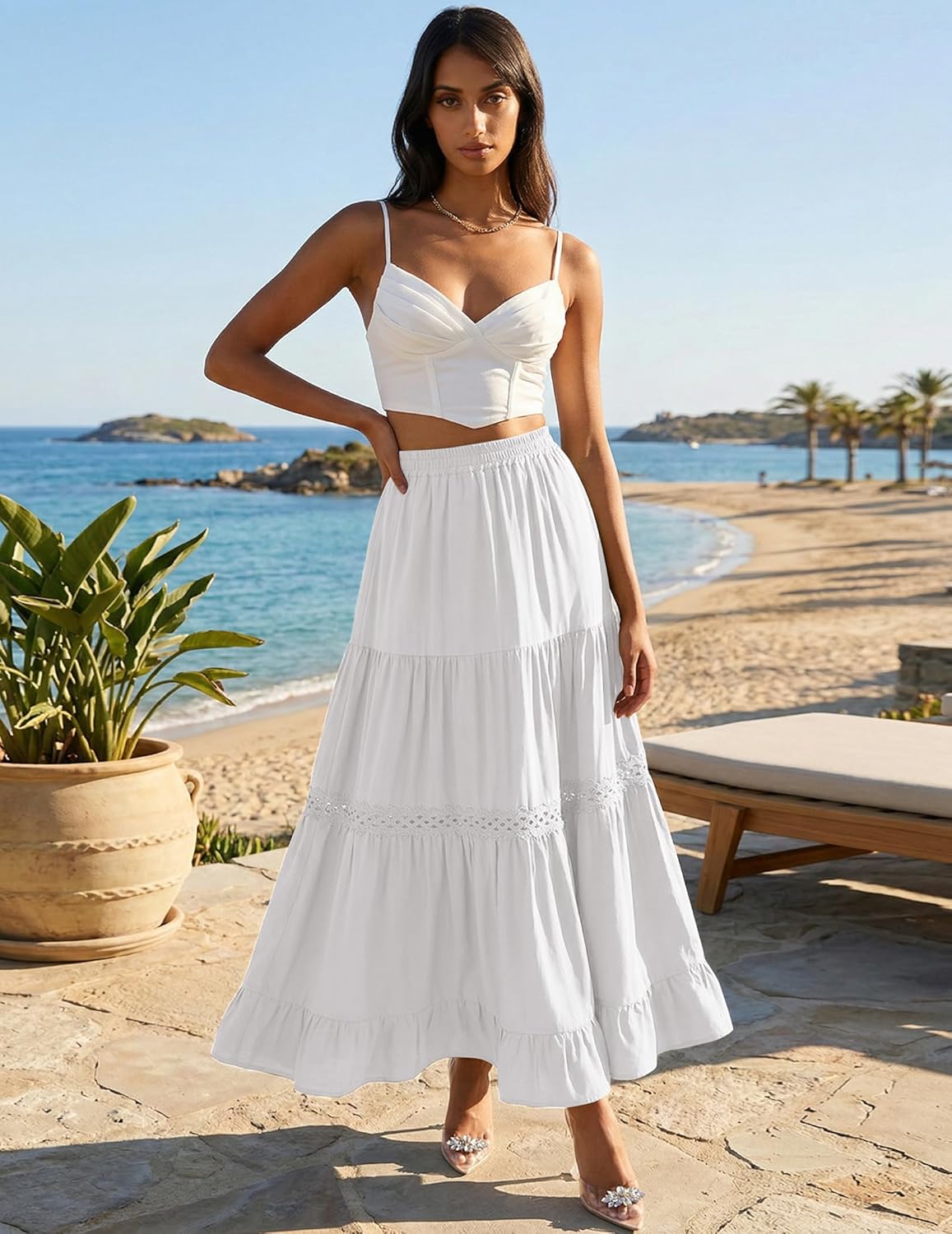 Edith Jupe Maxi Women’s Skirt – Bohemian Cotton Skirt, Crochet Lace & Ruffles