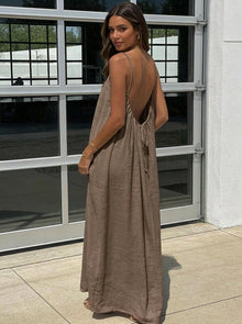Luna Maxi Dress for Women – Backless Dress with Thin Straps, Linen Effect, Summer Boho Style
