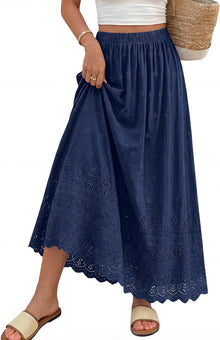 Marie Dowerme Women's Maxi Skirt – High Waist Elastic, Bohemian Embroidered Cotton A-Line