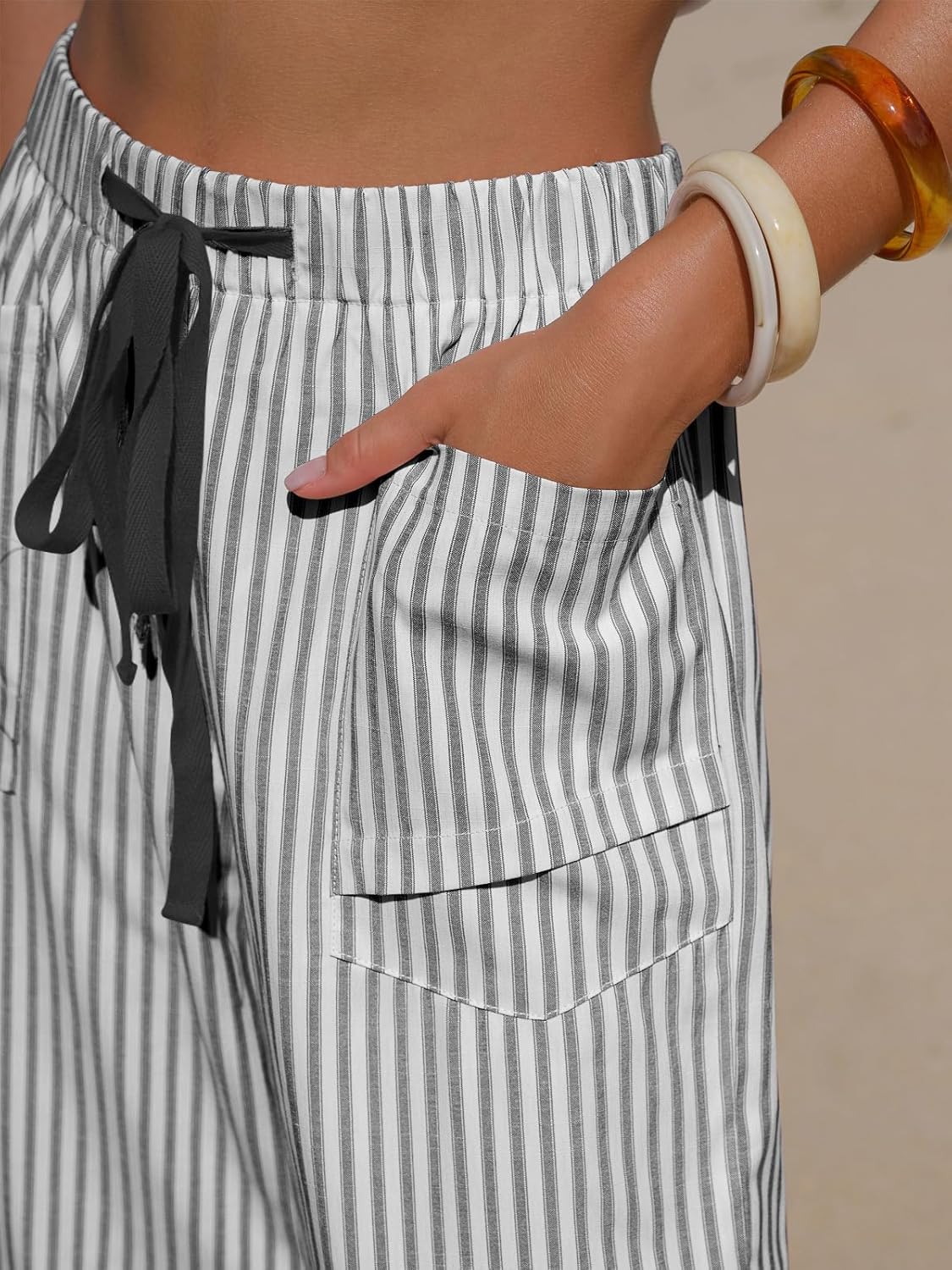Léna Women's Pants – Striped Capri Linen Effect with Elastic Waist & Pockets