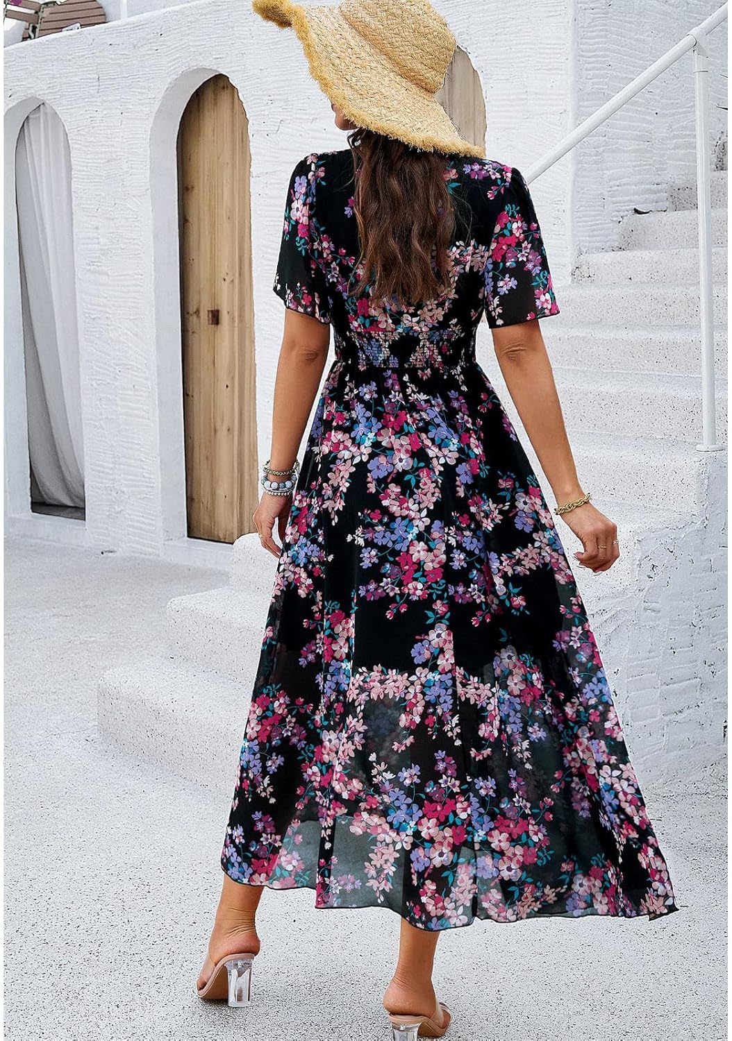 Jade Women's Maxi Floral Dress – High Waist, V-Neck, Short Sleeves Bohemian Summer