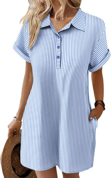 Clara Robe Femme Lin – Col V Boutonné, Manches Courtes, Coupe Ample, Poches