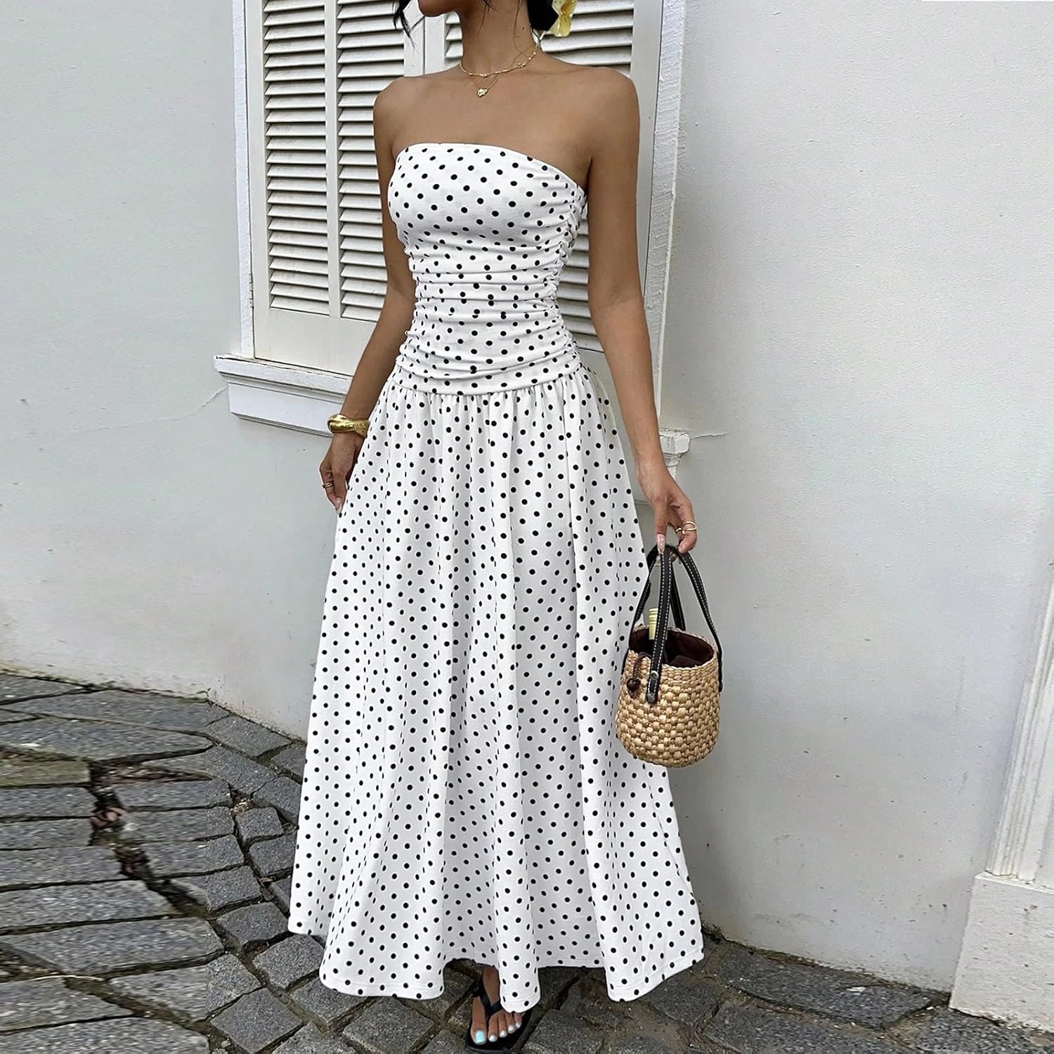 Sophie Women's Dress – Elegant Summer High-Waisted Polka Dot Strapless Maxi Dress