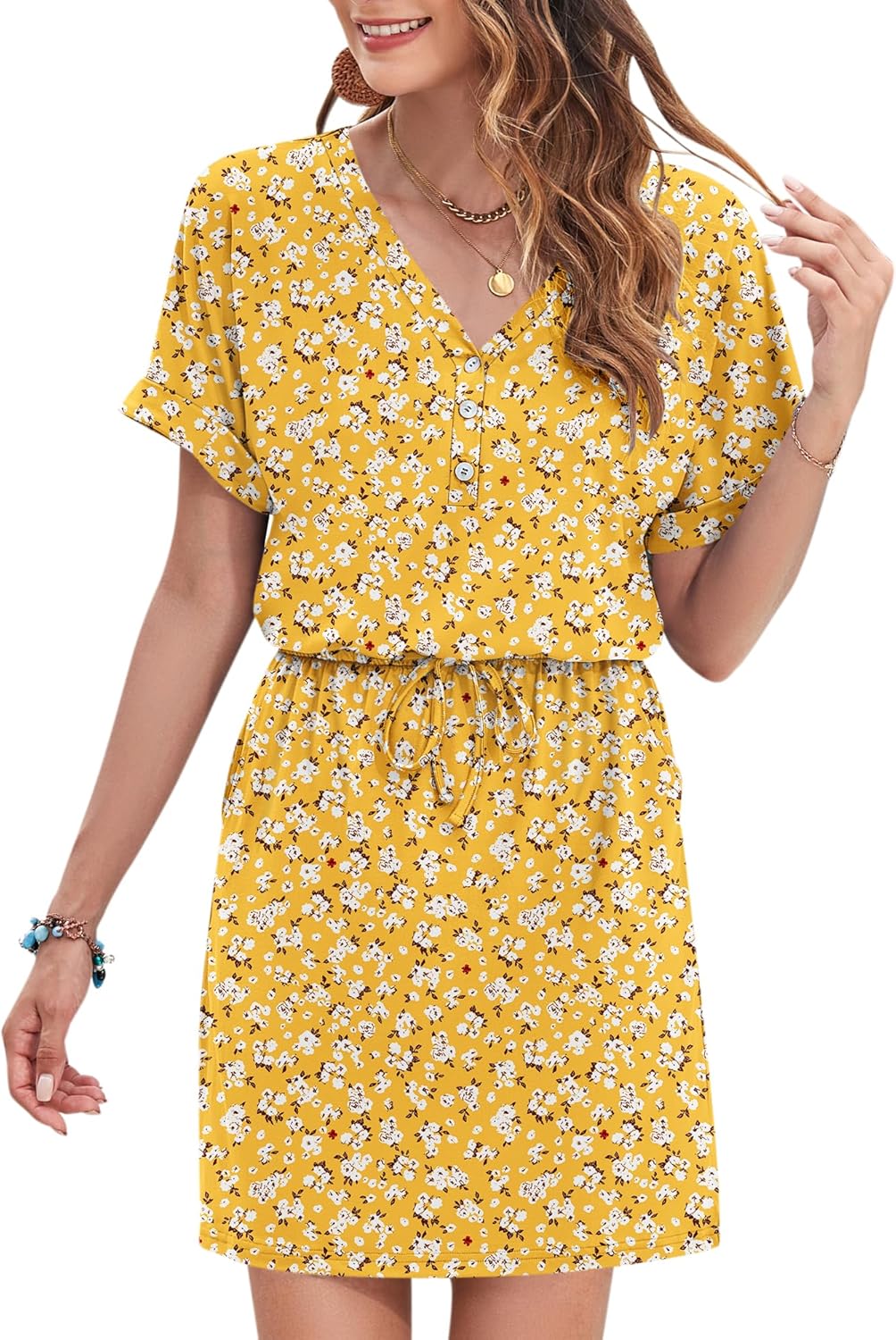 Adelaida Women's Short Summer Dress – V-Neck Dress with Buttons, Tied Belt & Casual Pockets