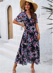 Jade Women's Maxi Floral Dress – High Waist, V-Neck, Short Sleeves Bohemian Summer