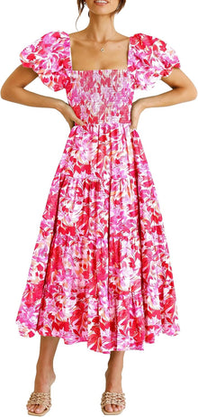 Juanna Midi Dress for Women Summer – Square Neck Smocked Dress with Puff Sleeves & Ruffles