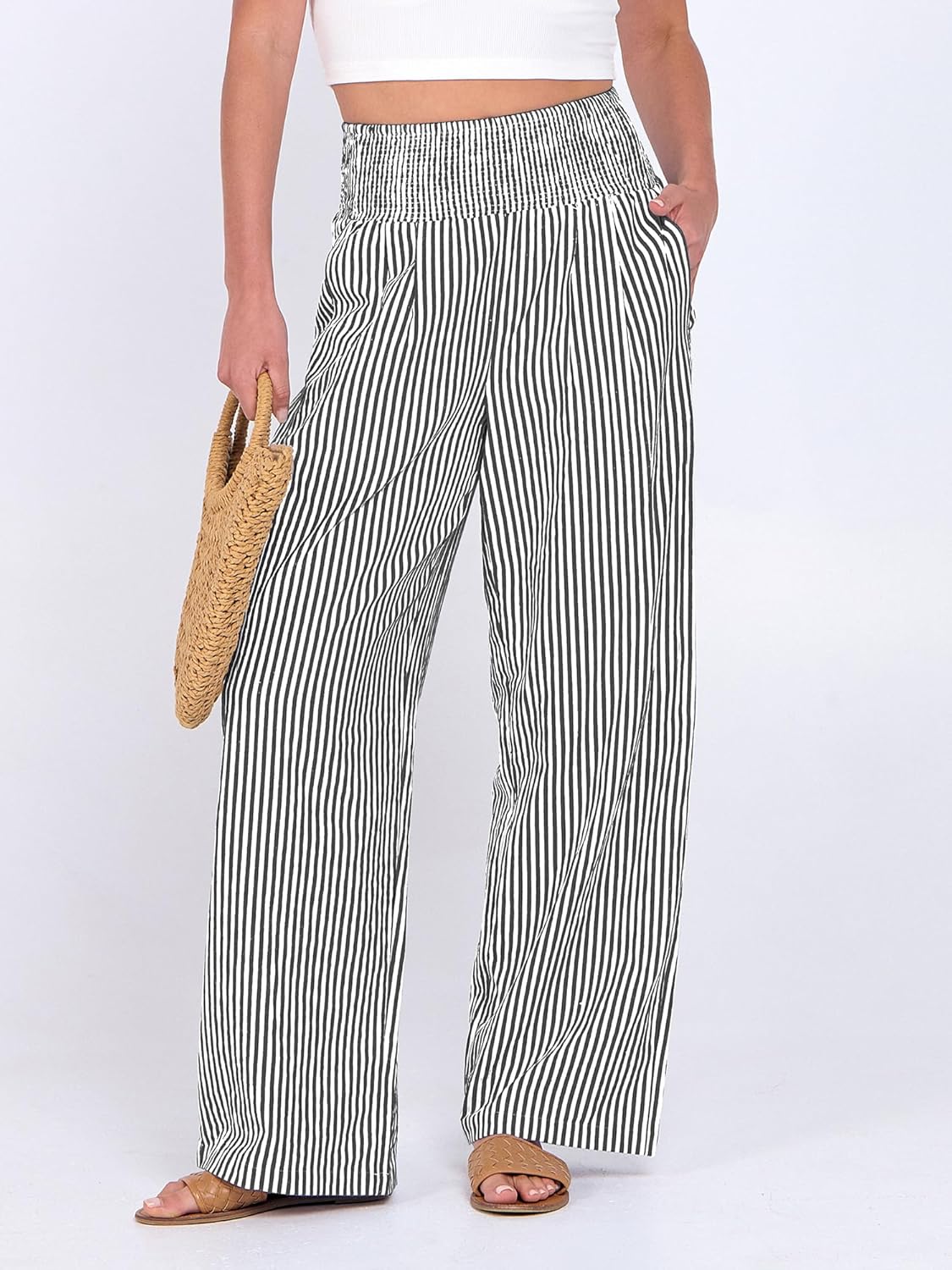 Léah Women's Pants – Striped High-Waisted Palazzo Pants with Pockets Summer
