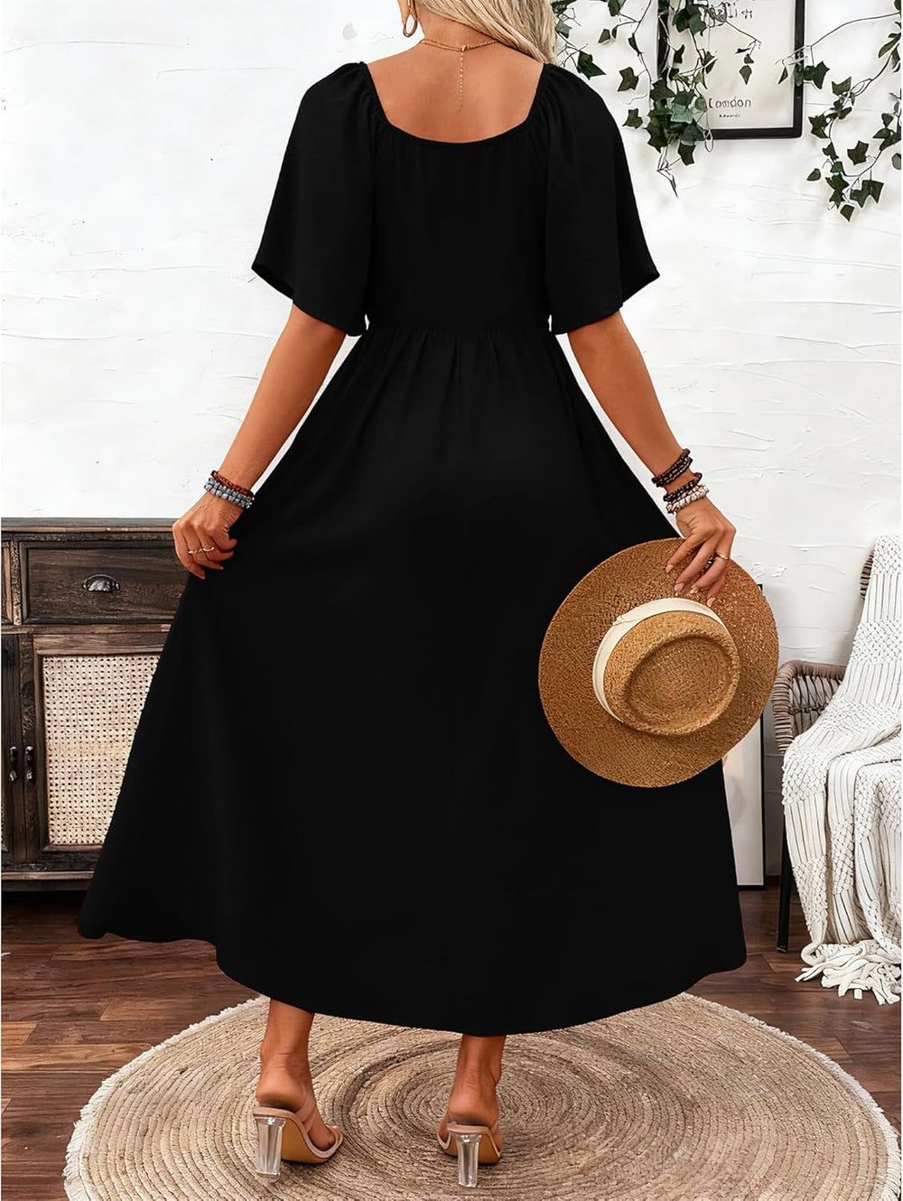 Patricia Women's Maxi Dress – Square Neck, Flowing A-Line Cut, Summer Batwing Sleeves