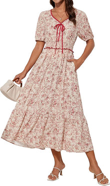 Tasha Midi Dress for Women – V-Neck, Smocked Waist & Elegant A-Line Summer Cut