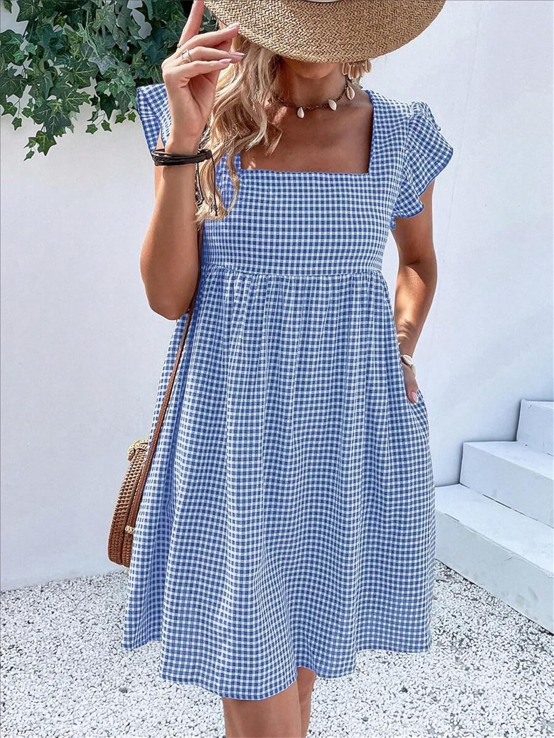 Lily Women's Robe – Midi Plaid Dress with Square Neck, Smocked, Ruffles, A-Line Summer Dress