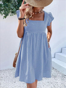 Lily Women's Robe – Midi Plaid Dress with Square Neck, Smocked, Ruffles, A-Line Summer Dress