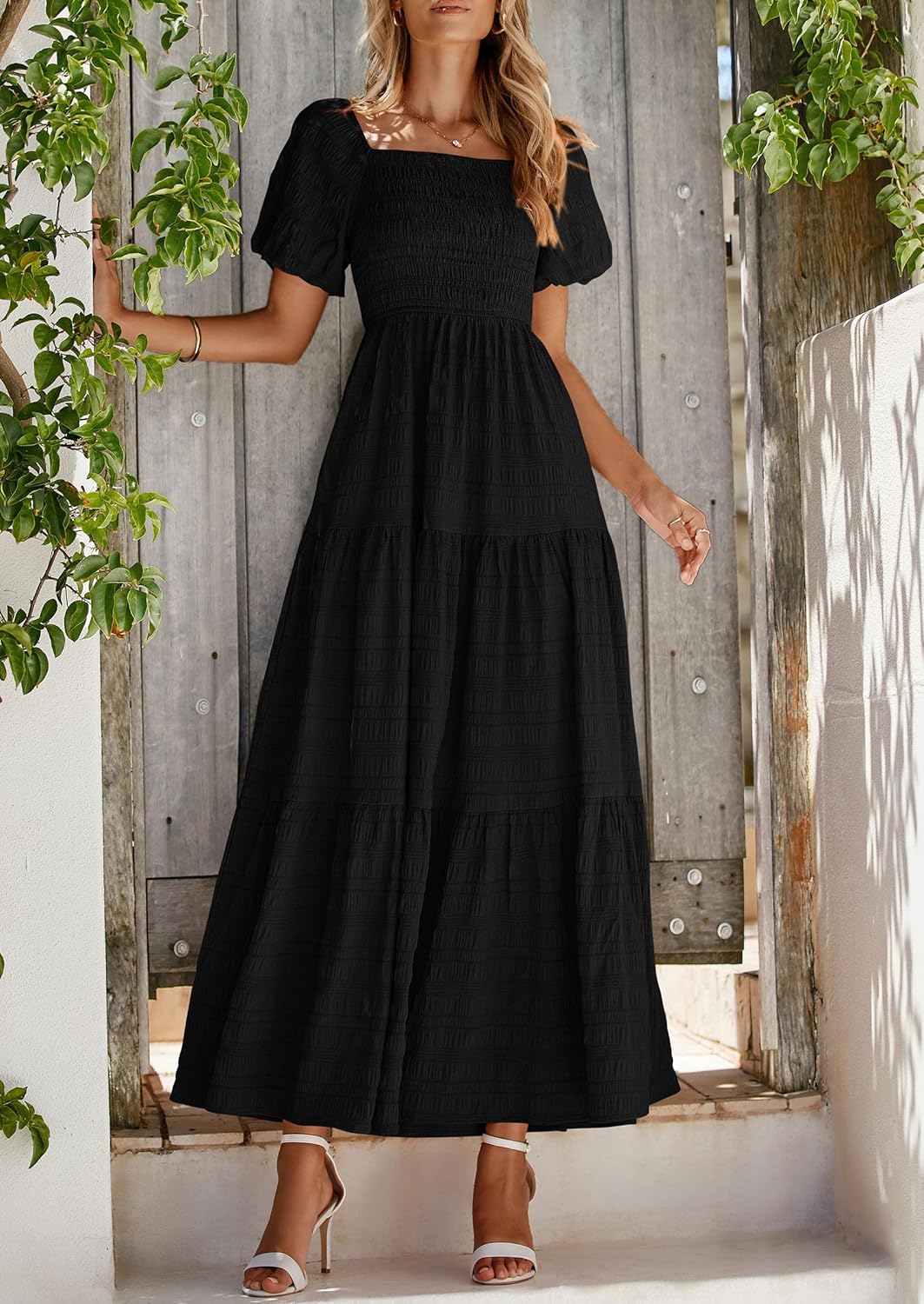 Reese Maxi Dress for Women Summer – Square Neck Smocked Dress, Puff Sleeves & Flowing Ruffles