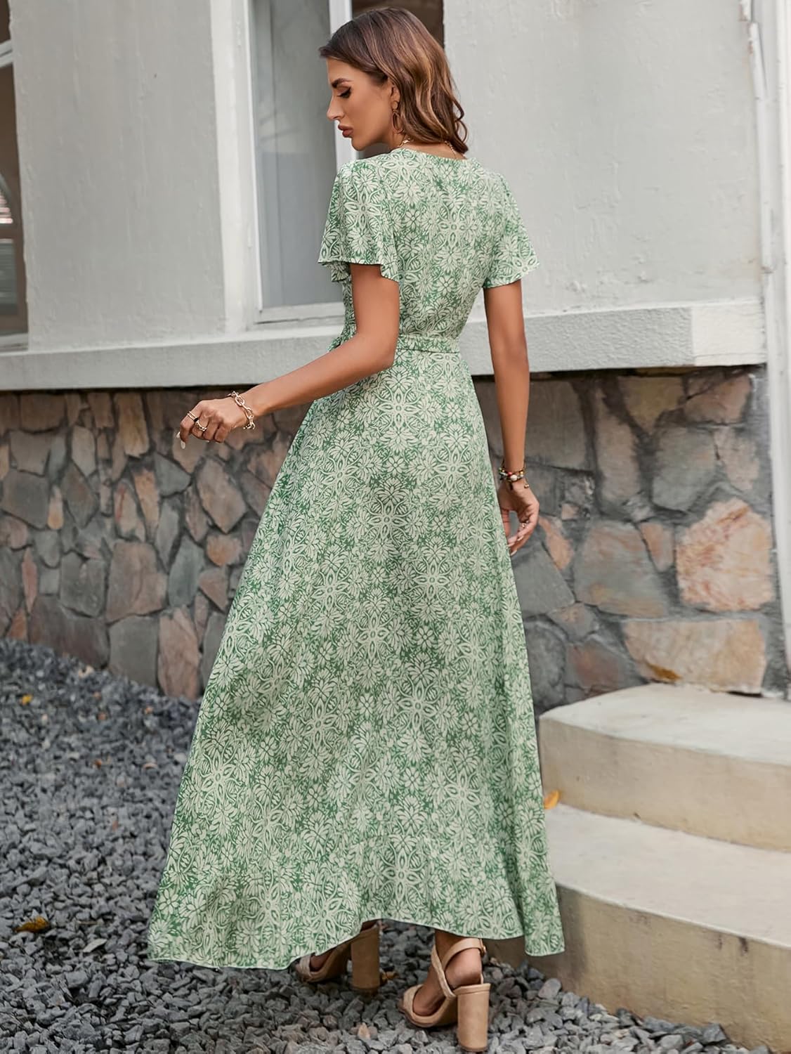 Celine Women's Bohemian Floral Dress – V-Neck Wrap, Flowing Midi, Ruffled Sleeves