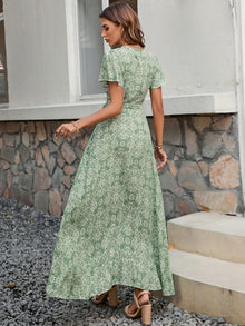Celine Women's Bohemian Floral Dress – V-Neck Wrap, Flowing Midi, Ruffled Sleeves
