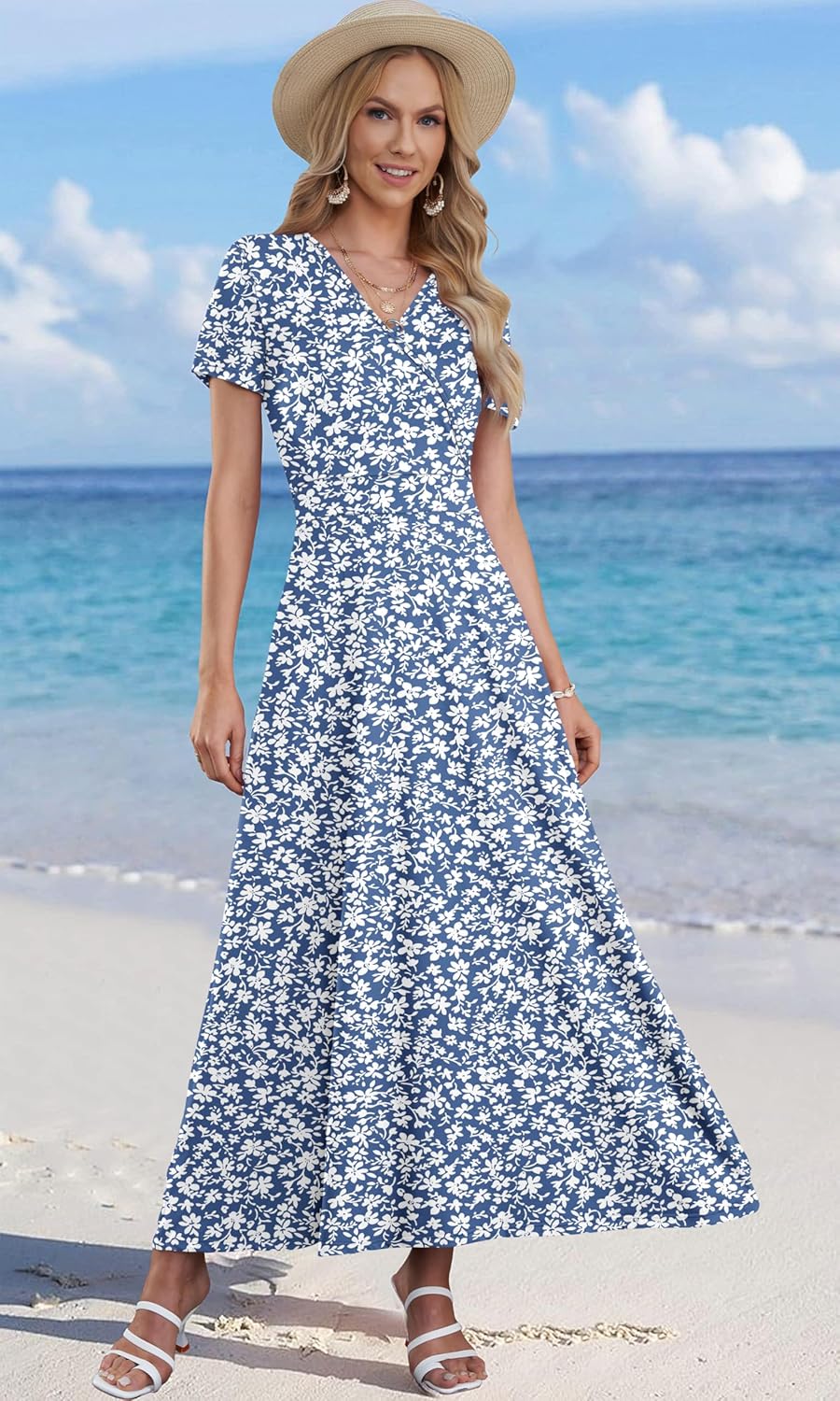Women's Analysis Dress – Bohemian Maxi Dress with V-Neck Wrap, Short Sleeves, Empire Waist, Pockets, Summer