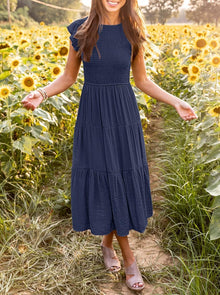 Louise Midi Dress for Women – Summer Smocked Dress with Flounce Sleeves, Elegant A-Line Cut