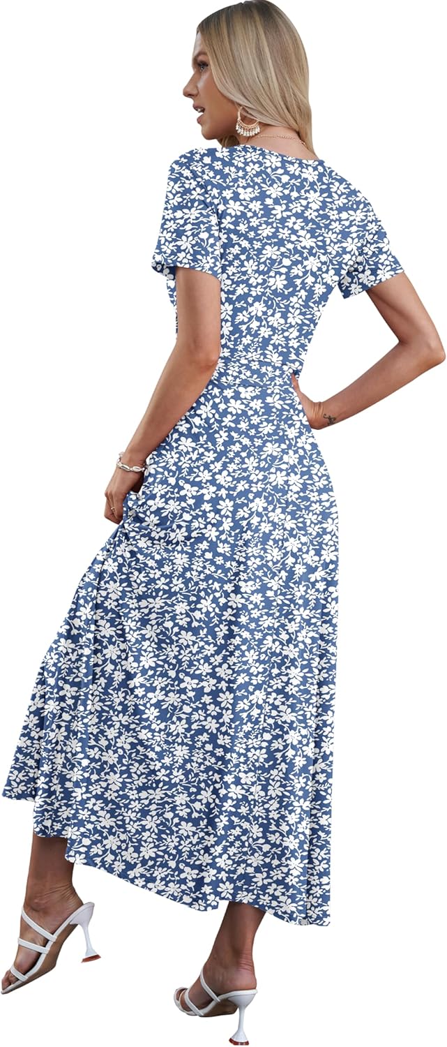 Women's Analysis Dress – Bohemian Maxi Dress with V-Neck Wrap, Short Sleeves, Empire Waist, Pockets, Summer