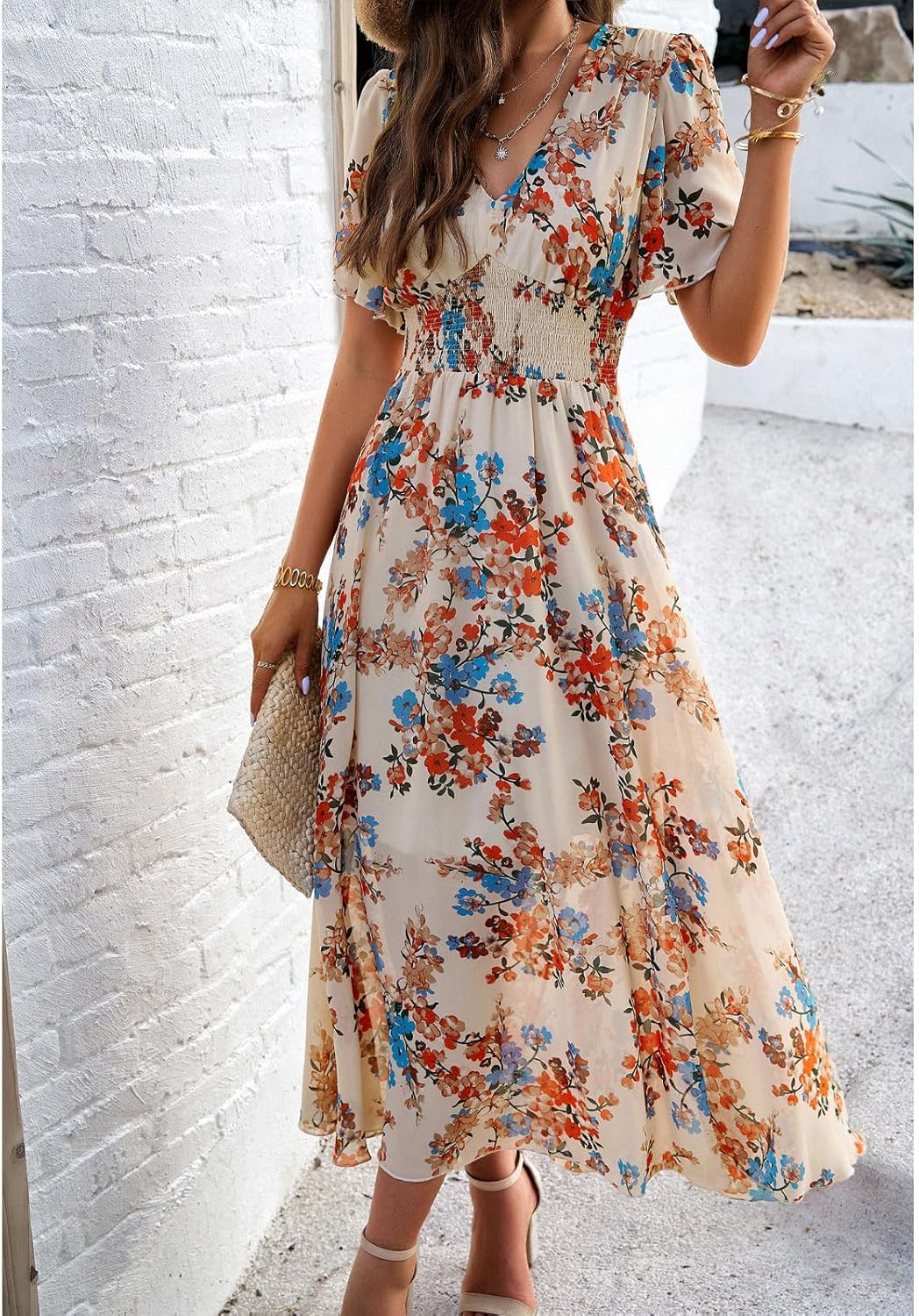Dianne Women's Floral Dress – V-Neck, Short Sleeves, Flowing Cut, Casual Summer