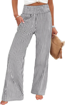 Léah Women's Pants – Striped High-Waisted Palazzo Pants with Pockets Summer