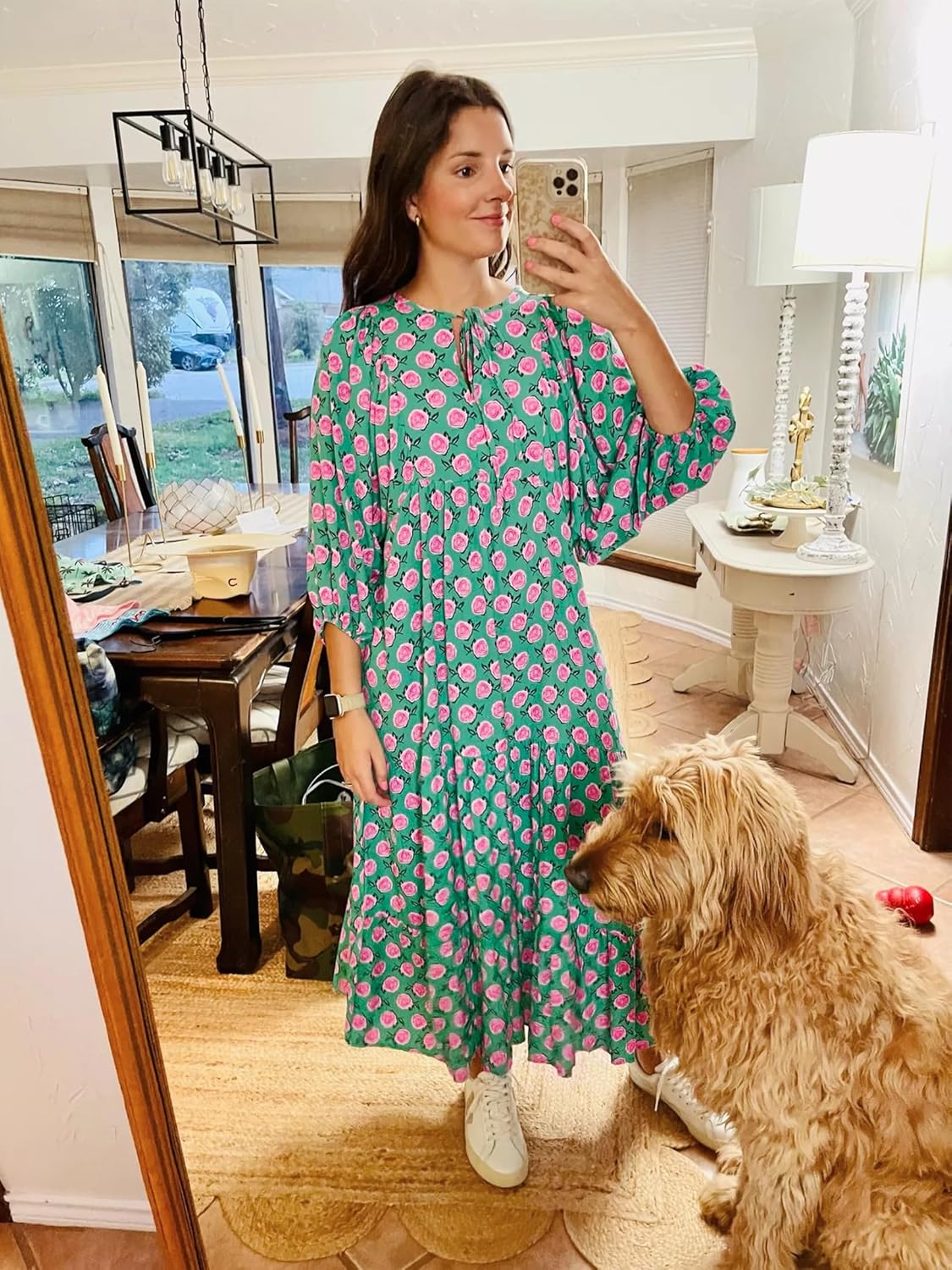 Amélie Women's Bohemian Maxi Dress – Long Flowing Dress with V-Neck and Geometric Print