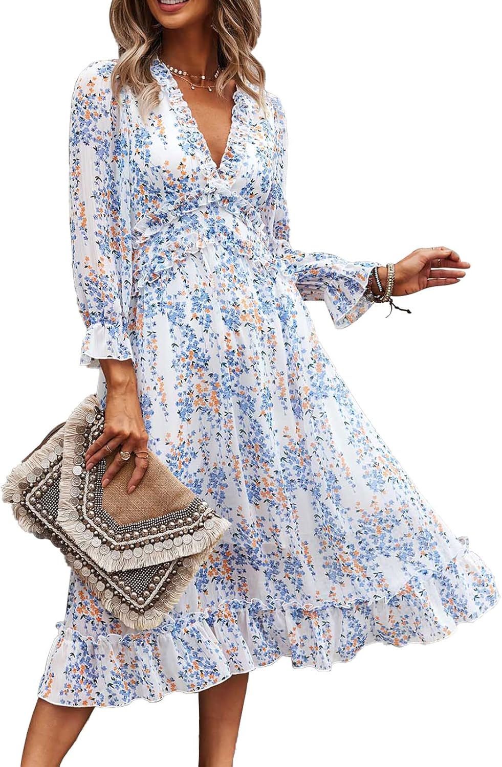 Alexa Women's Floral Robe – V-Neck, Long Sleeves, Casual Elegant Flowing Fit