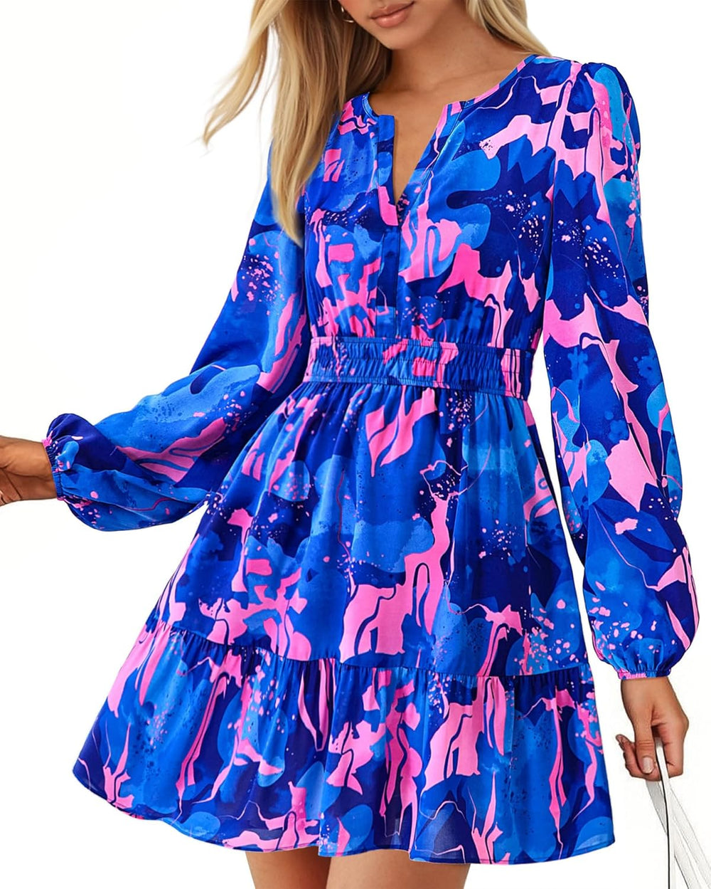 Adela Women's Short Bohemian Dress – Floral V-Neck Dress, Long Sleeves & Elastic Waist
