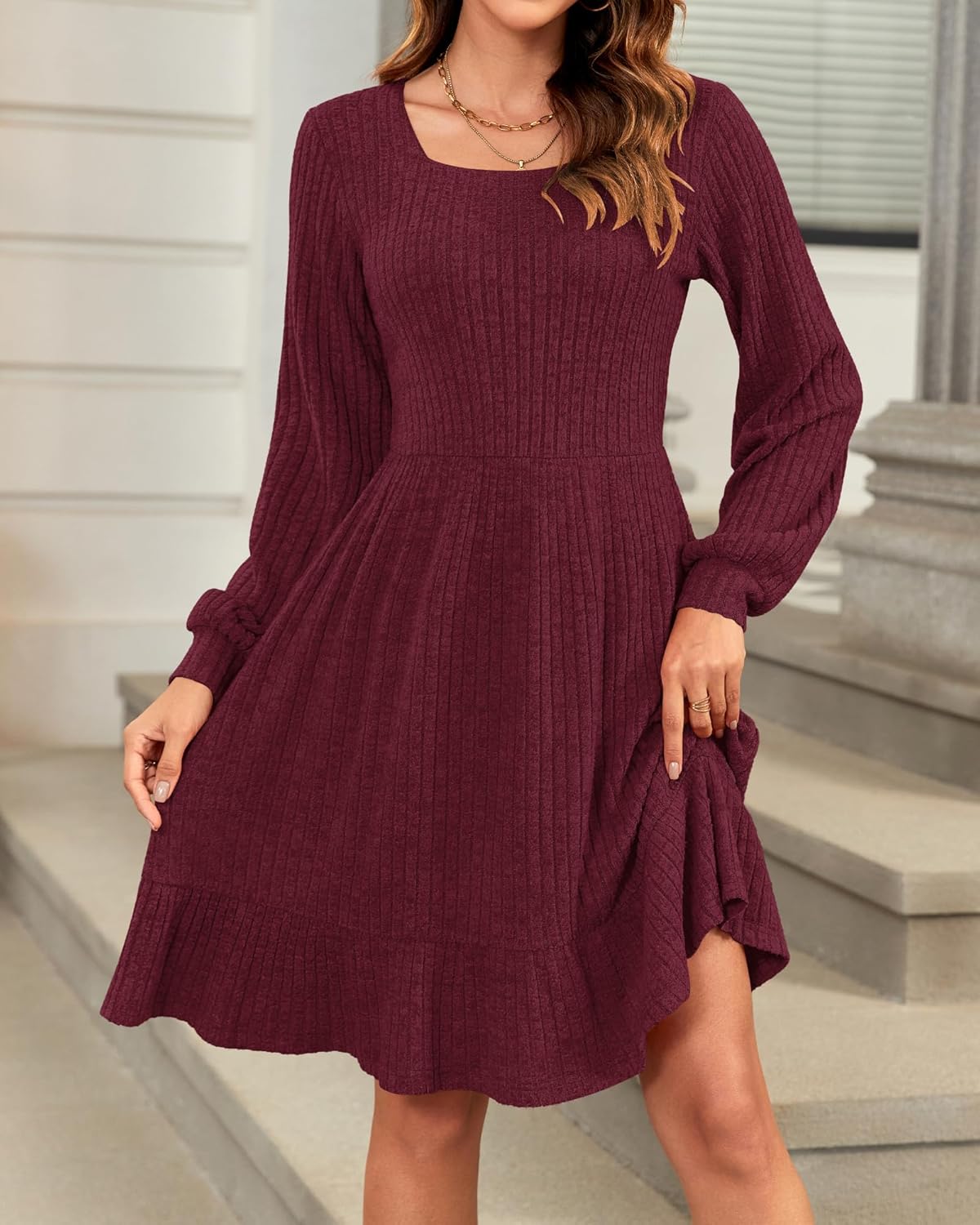 Élise Women's Knit Dress – Square Neck Long Sleeve Dress for Fall Winter