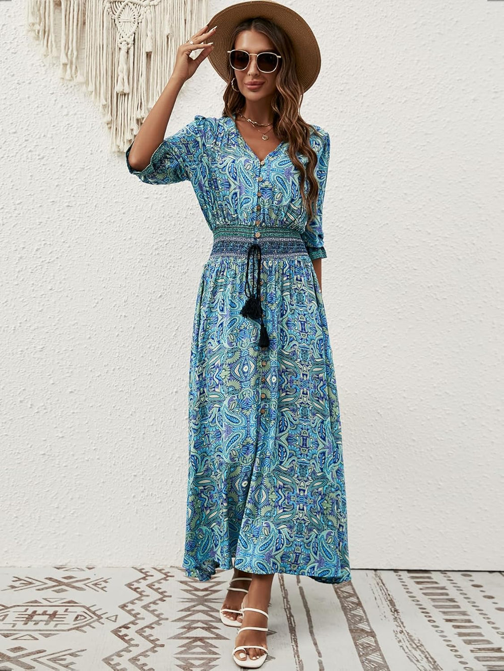 Liezl Women's Bohemian Floral Dress – V-Neck Wrap, Flowing Midi, 3/4 Sleeves