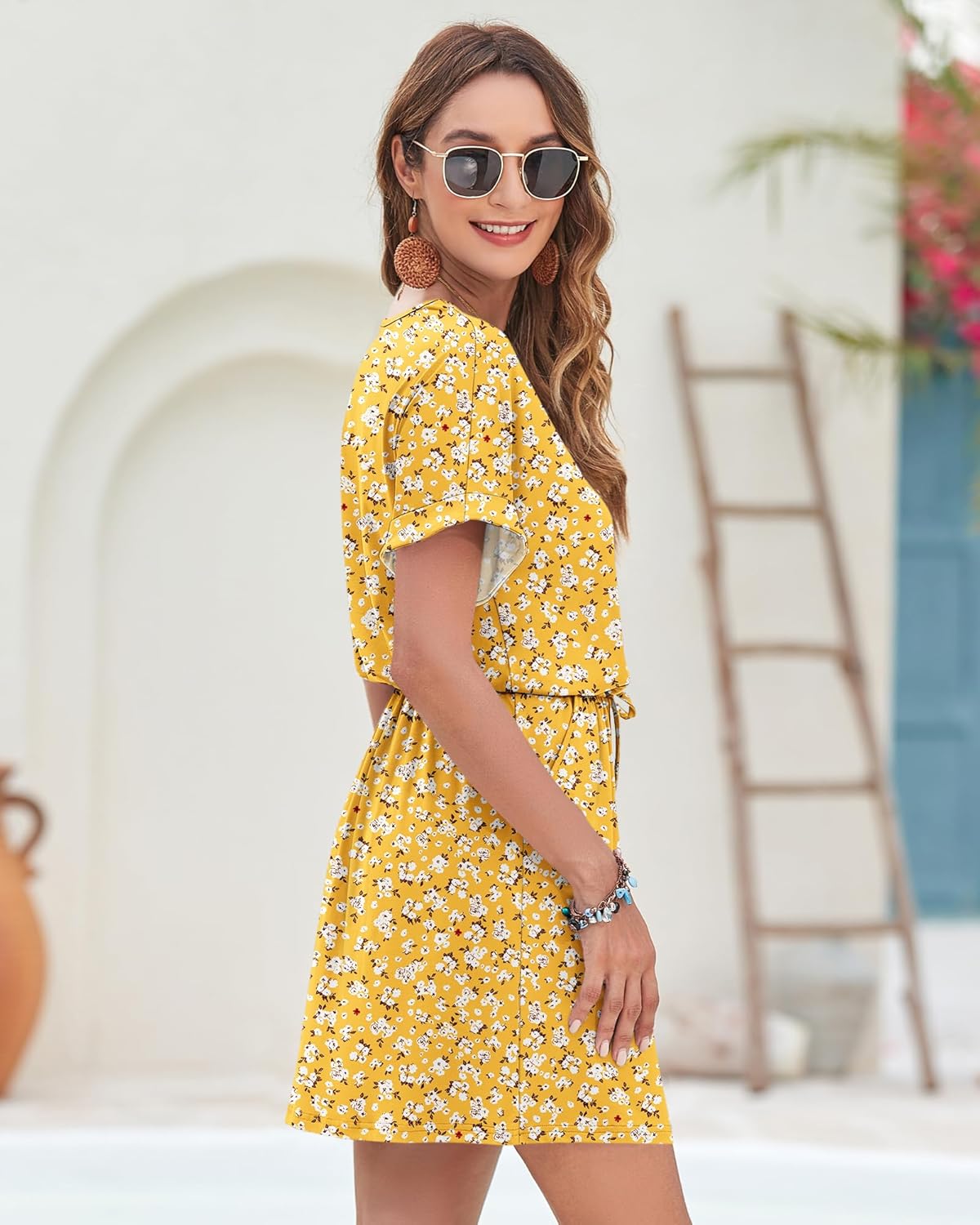 Adelaida Women's Short Summer Dress – V-Neck Dress with Buttons, Tied Belt & Casual Pockets